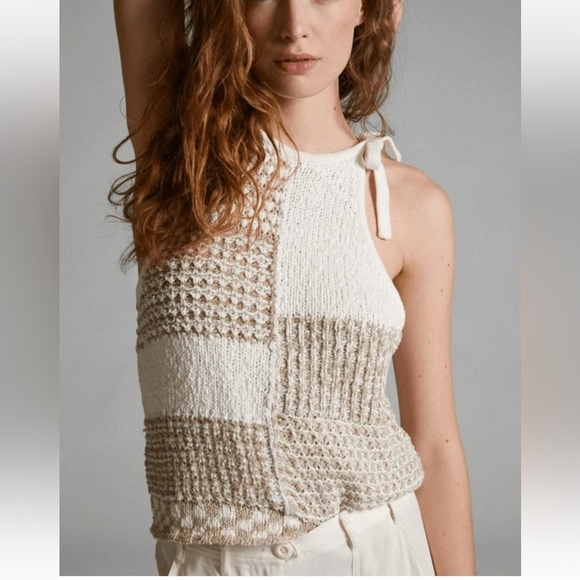 By Anthropologie Elliotte Lurex Sweater Tank Tie Strap Neutral Metallic Size XL - Picture 1 of 13